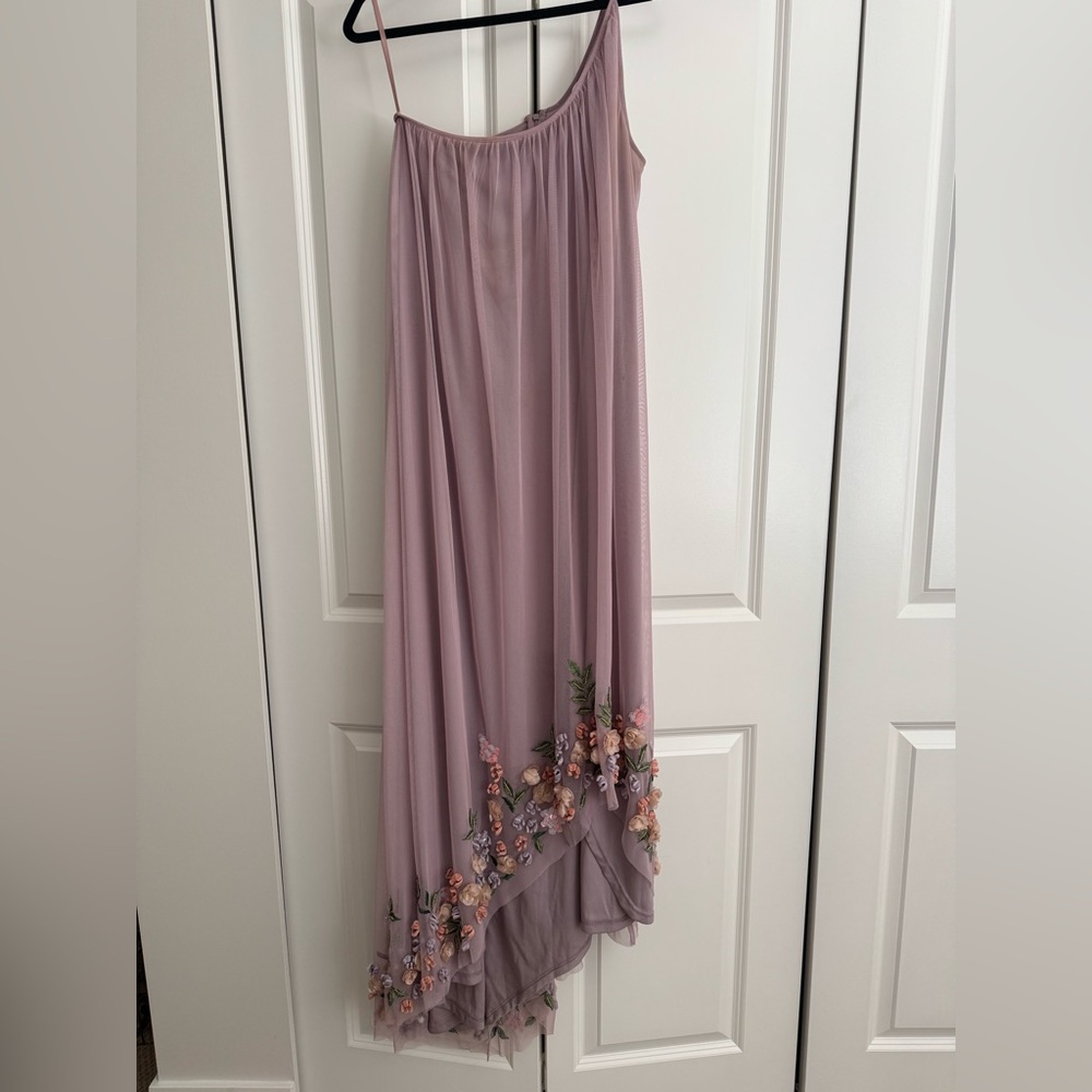 Mac Duggal Lavender Shift Dress with Floral Embroidery
